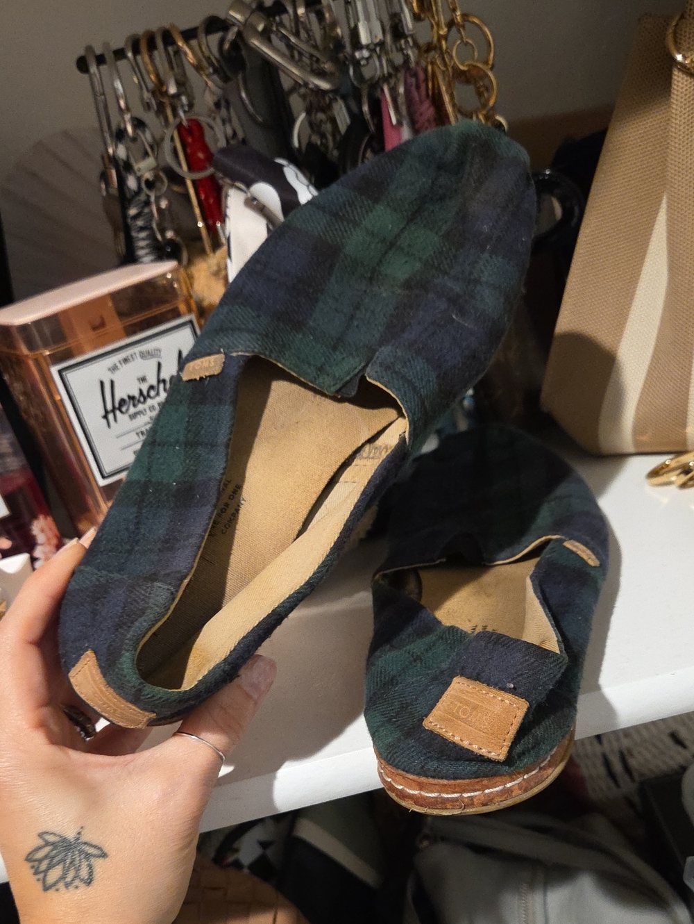 TOMS Plaid Slip-On Flats with Leather Accents